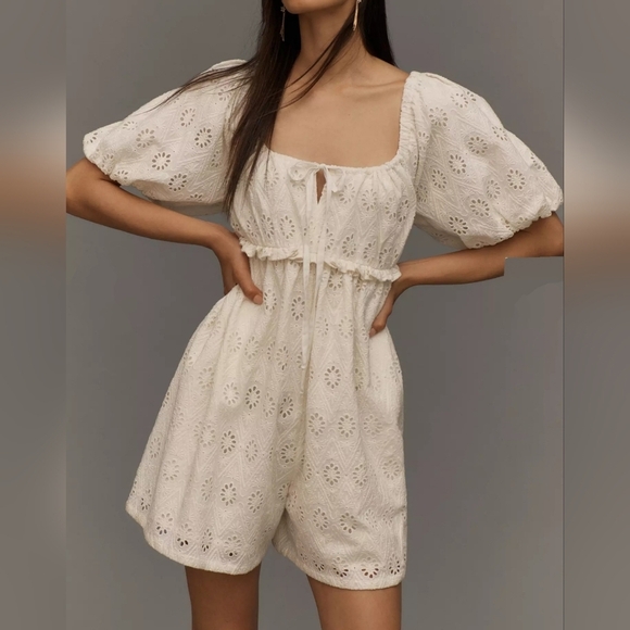 Pilcro By Anthropologie Women's Puff-Sleeve Eyelet Romper Playsuit, White - Picture 1 of 16